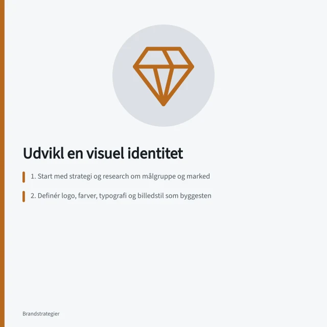 Udvikl en visuel identitet: 1. Start med strategi og research om målgruppe og marked; 2. Definér logo, farver, typografi og billedstil som byggesten; 3. Implementér identiteten på alle flader med fælles retningslinjer. Sådan udvikler du en visuel identitet